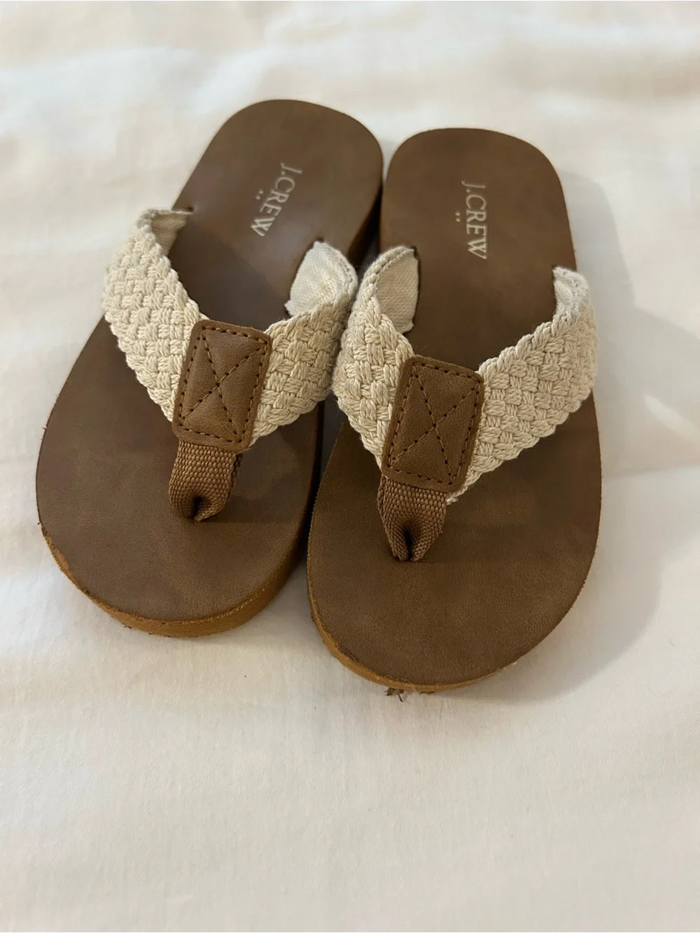 J. Crew Tan Footbed Flip Flops with Cream Braided Straps